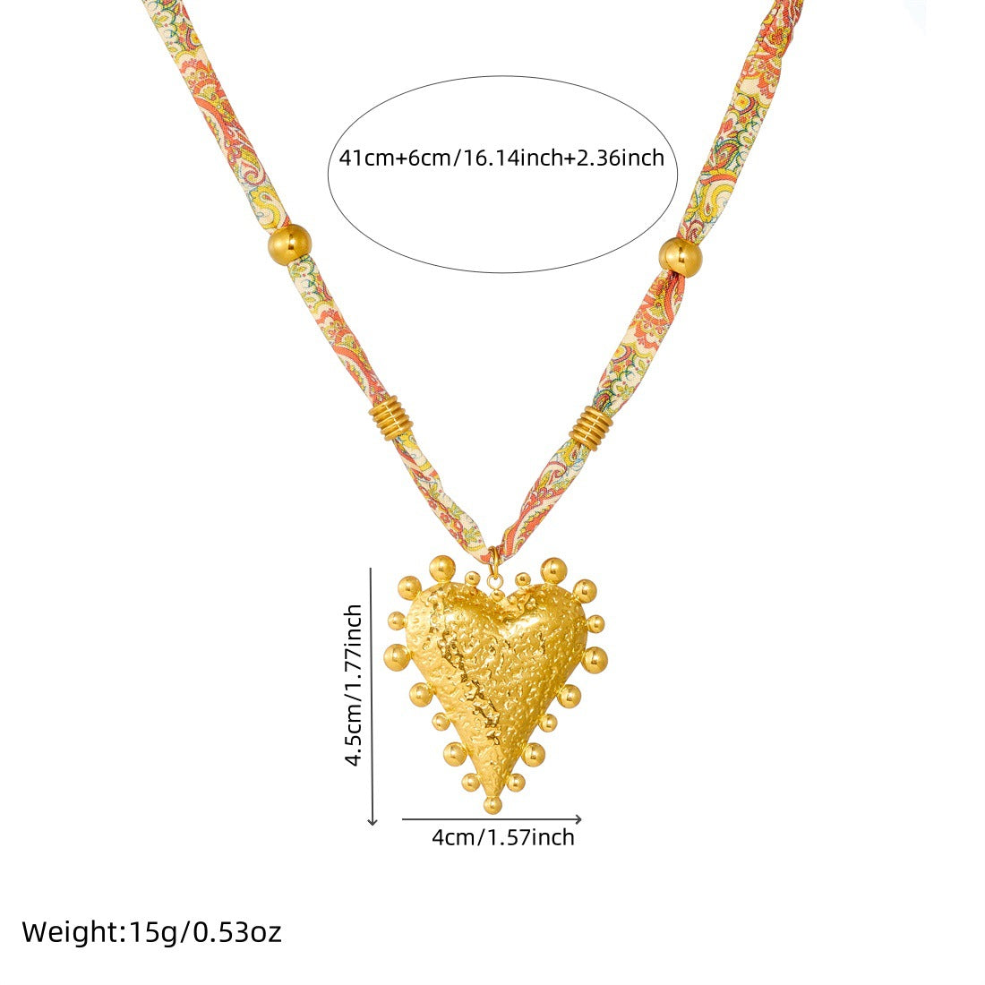Vintage Elegant Gold Plated Stainless Steel Heart Pendant Necklace with Floral Ribbon and Beads