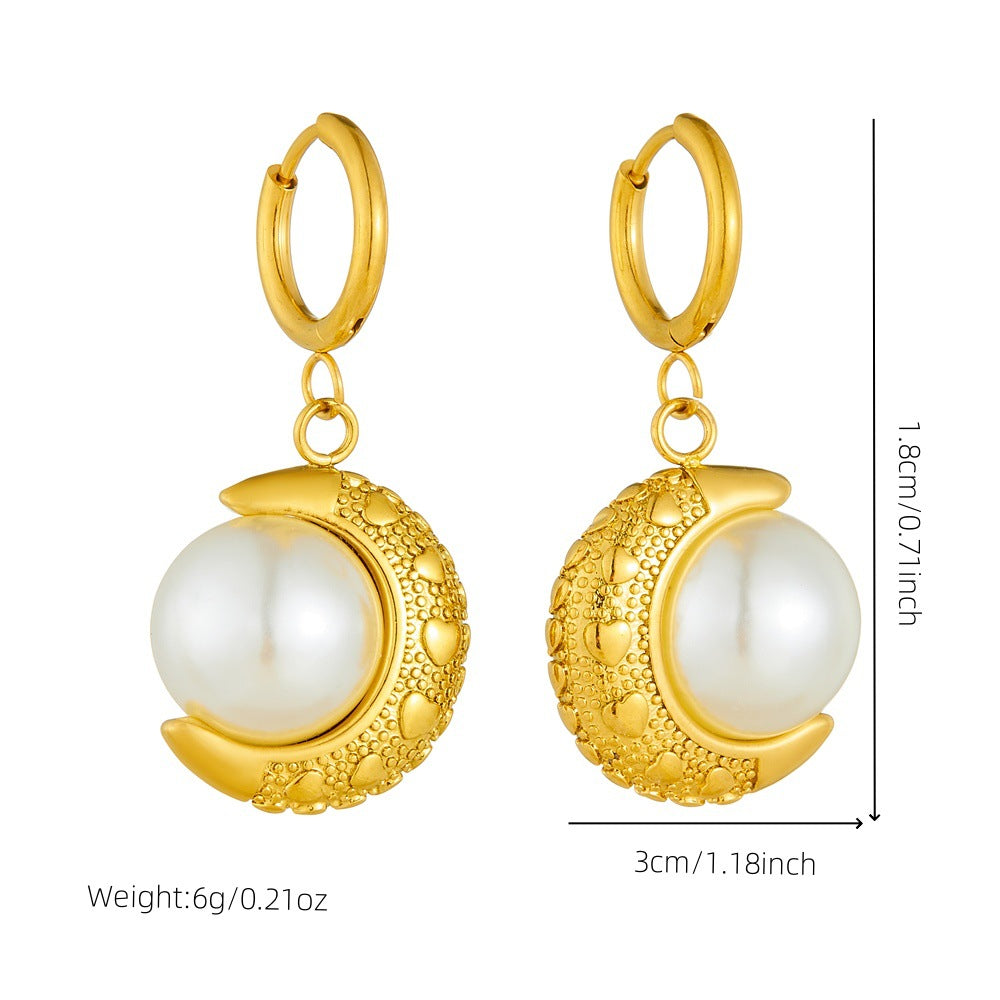 Vintage Gold Plated Moon Pearl Stainless Steel Earrings