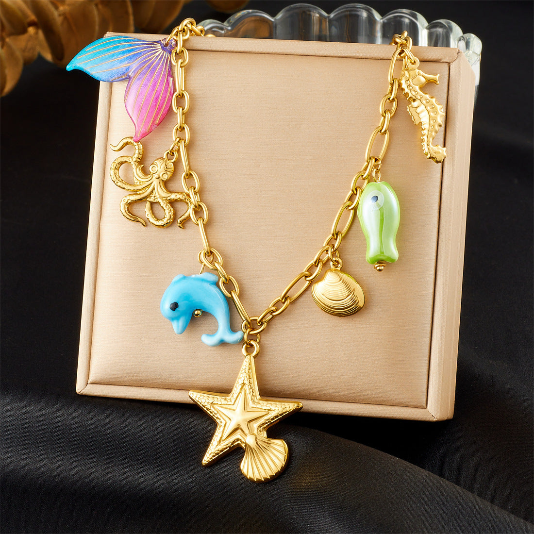 Sweet Cartoon Gradient Star and Octopus Acrylic Pendant Stainless Steel Cable Chain Necklace for Women