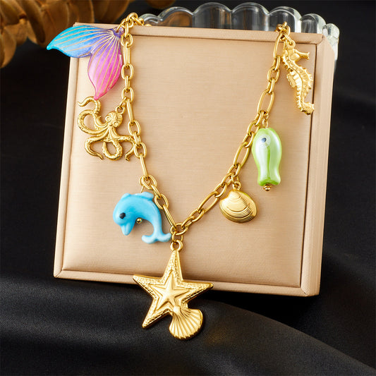 Sweet Cartoon Gradient Star and Octopus Acrylic Pendant Stainless Steel Cable Chain Necklace for Women