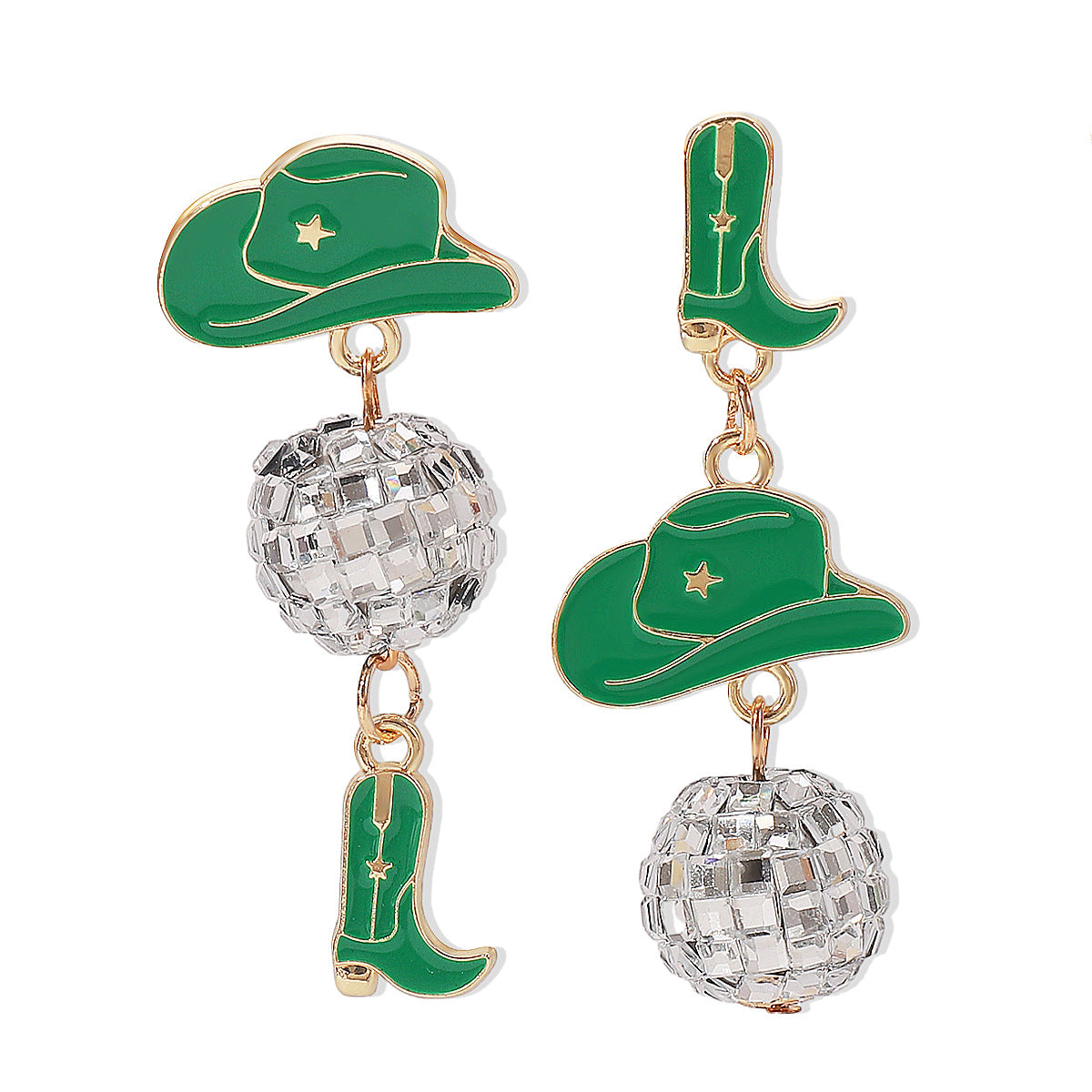 Sweet-Edgy Asymmetrical Oil-Dripped Cowboy Western Style Earrings with Hat and Boot Motifs and Ball Accents in Alloy