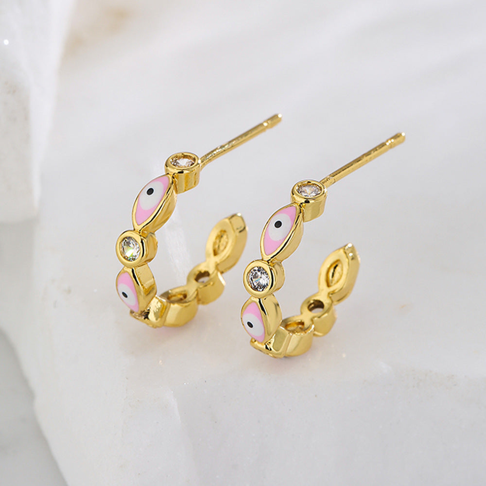 Fashionable Geometric C-Shaped Evil Eye Earrings for Women with Copper Base Plated in 18K Gold and Enamel Finish, Micro-Paved with Zircon