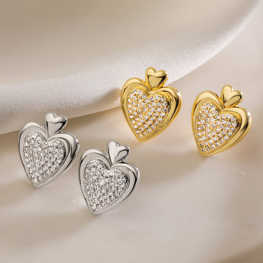 Minimalist Heart-Shaped Copper Earrings with 18K Gold Plating and Zircon Inlay for Women