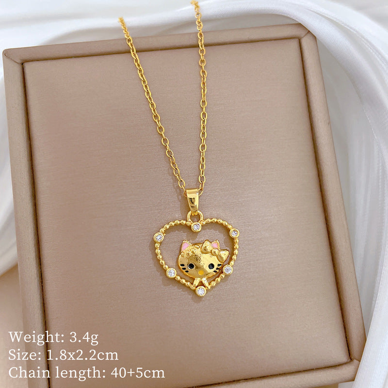Minimalist Sweet Geometric Cat Rhinestone Pendant Titanium Steel Necklace for Unisex