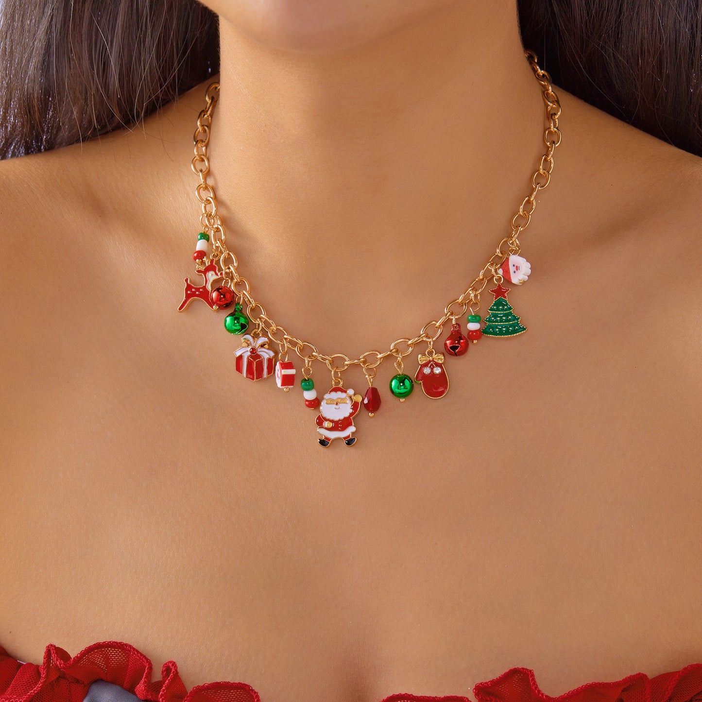 Collana con Pendente in Lega a Tema Natalizio con Ciondoli a Renna e Campanella, Elettroplaccata, Stile Minimalista e Dolce per Donna
