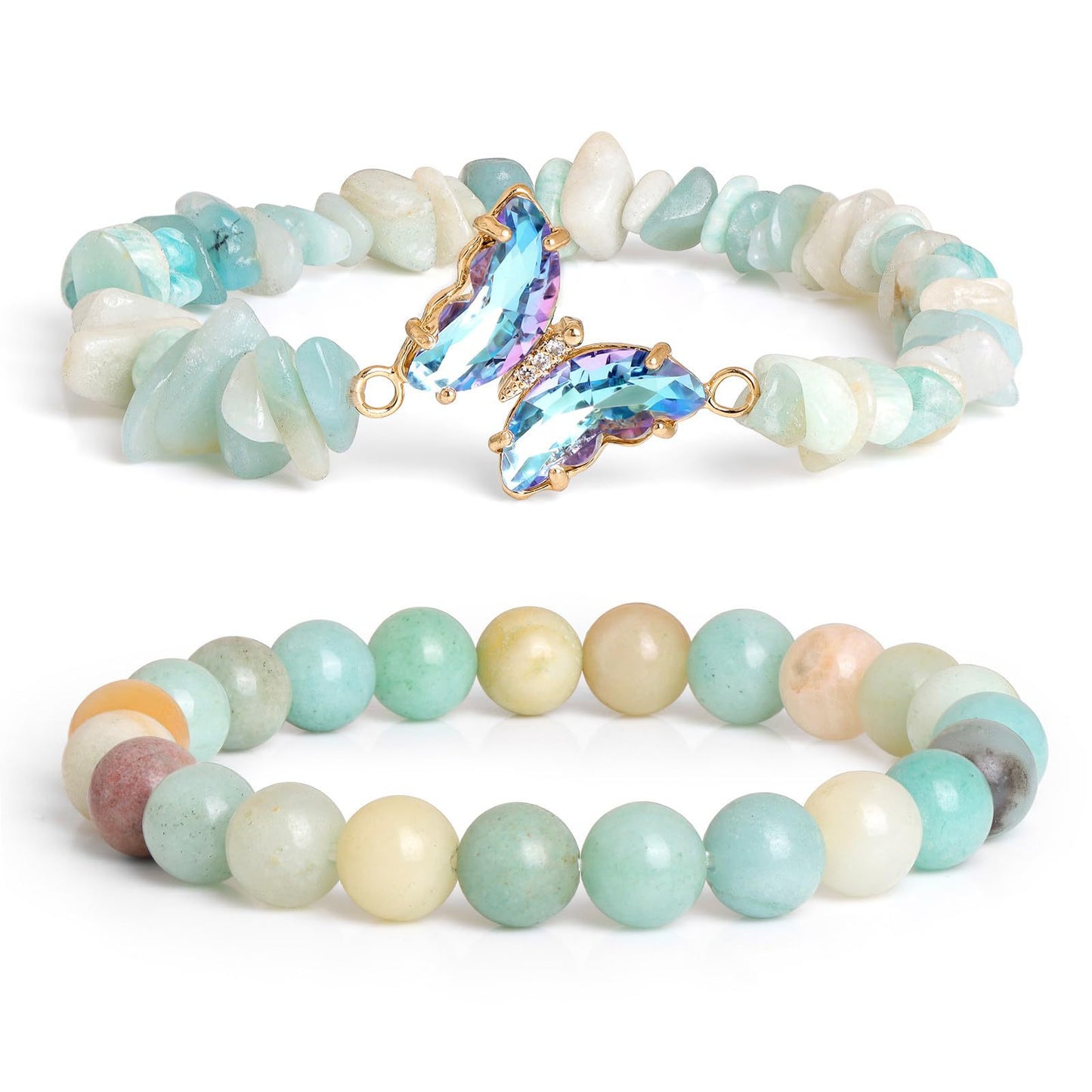 Minimalist Natural Amethyst and White Cat's Eye Crystal Chip Beaded Bracelet with Butterfly Charm for Women
