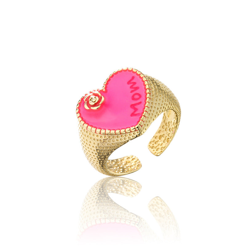 Vintage Bohemian Heart Geometric Drip Oil Brass Ring for Women Adjustable