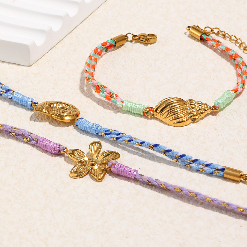 Minimalist Geometric Seashell and Floral Bracelet for Women with Stainless Steel 18K Gold Plated Accents and Cotton Cord