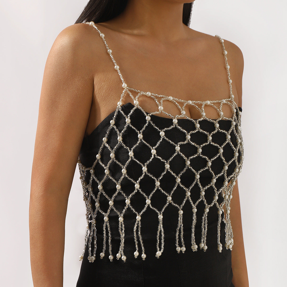 Elegante cadena corporal de moda con abalorios de perlas de imitación y diseño geométrico para mujer