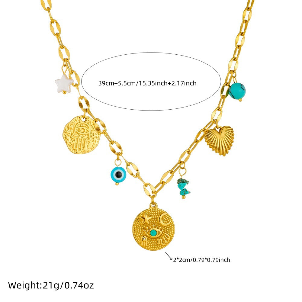 Collana con ciondolo a stella e cuore in stile vintage con intarsio in strass blu su catena a serpente in acciaio inossidabile da donna