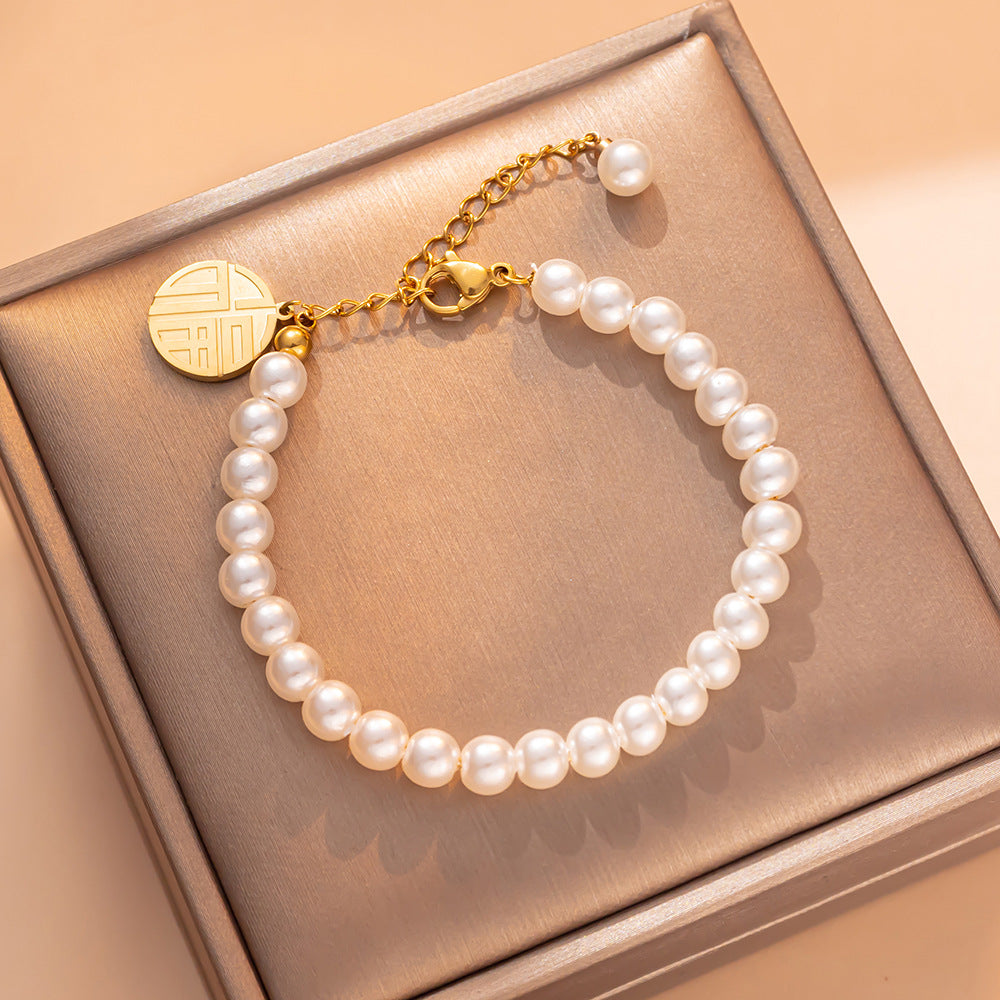 Pulsera de Perlas Geométrica de Lujo para Mujer con Acero de Titanio Bañado en Oro de 18K