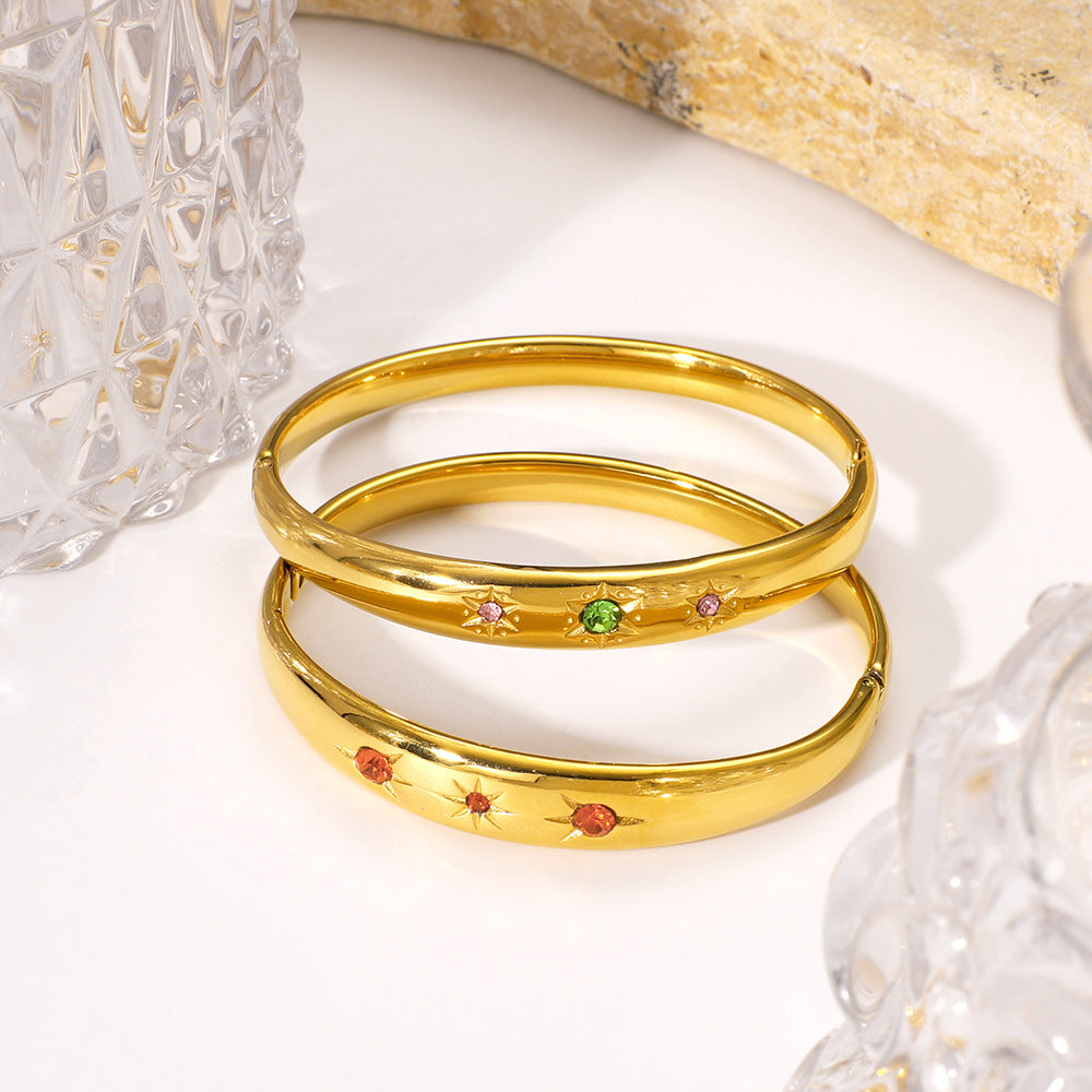 Vintage Style Geometric Stainless Steel Bracelet with 18K Gold Plating and Zircon Inlay for Women