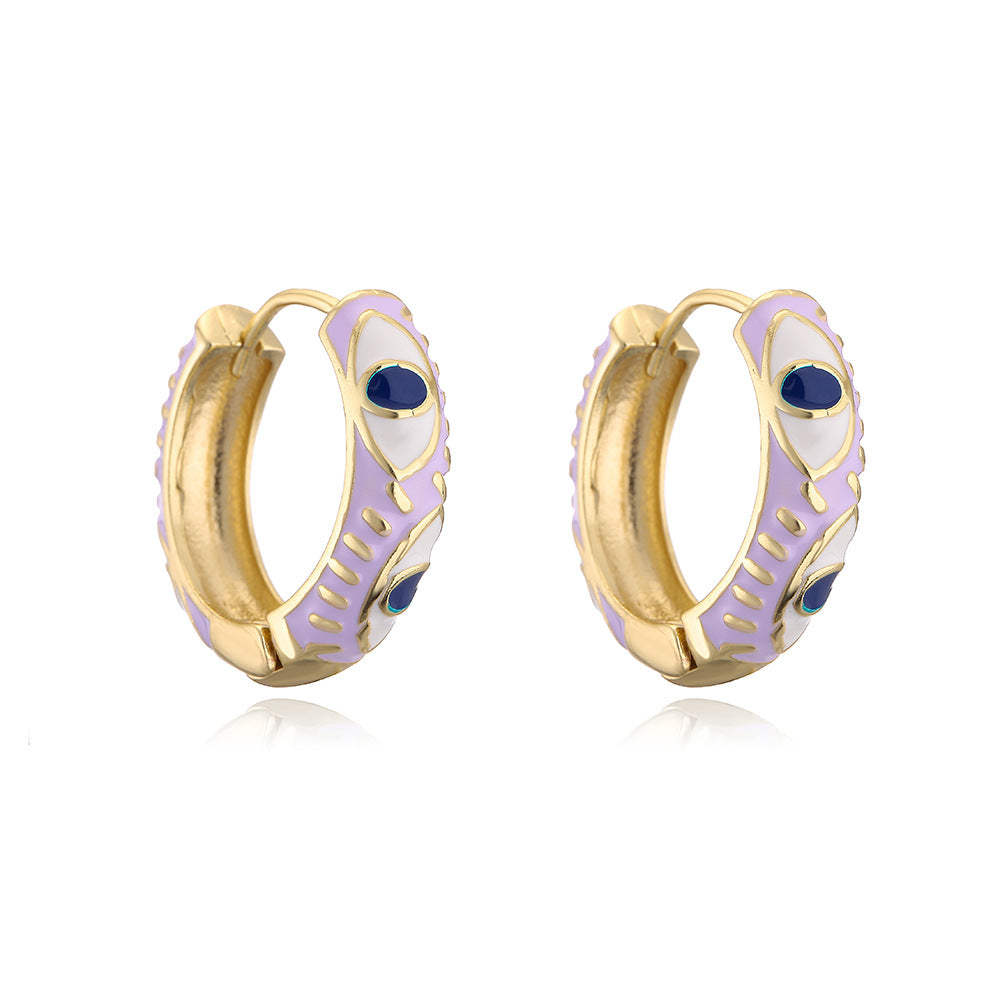 Bohemian Style Geometric Copper Hoop Earrings with 18K Gold Plating and Enamel Eye Detail for Women