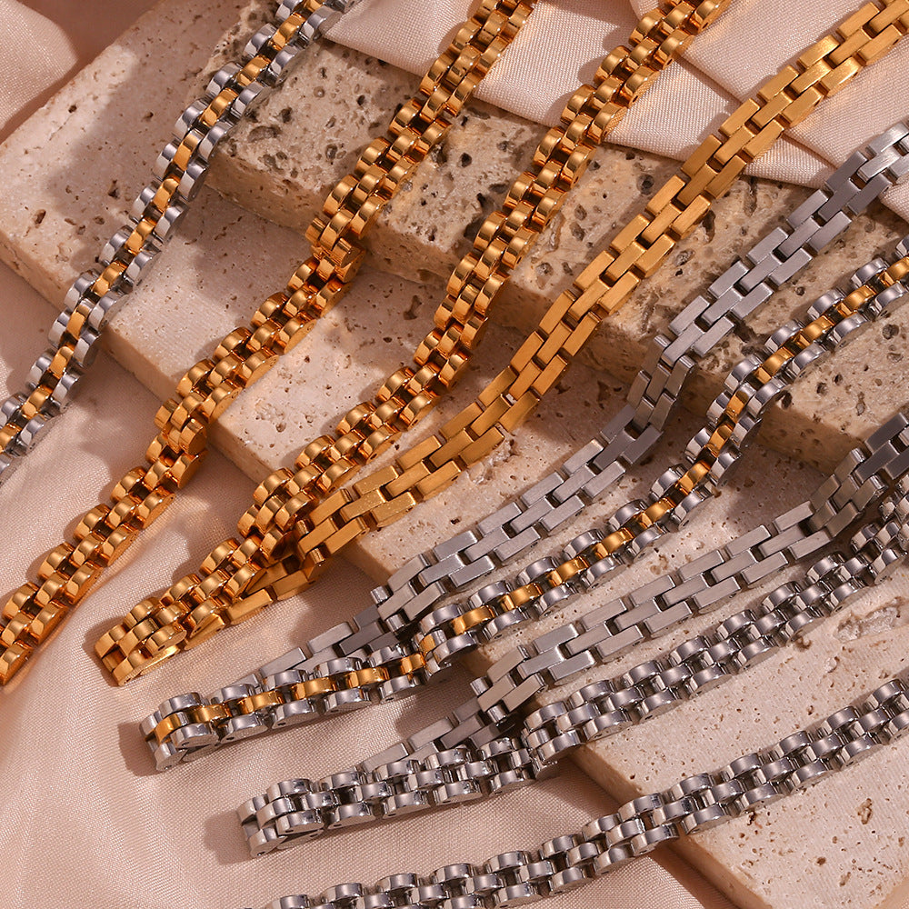 Minimalist Geometric Titanium Steel Bracelet Set with 18K Gold Plated Stainless Steel Chain for Women