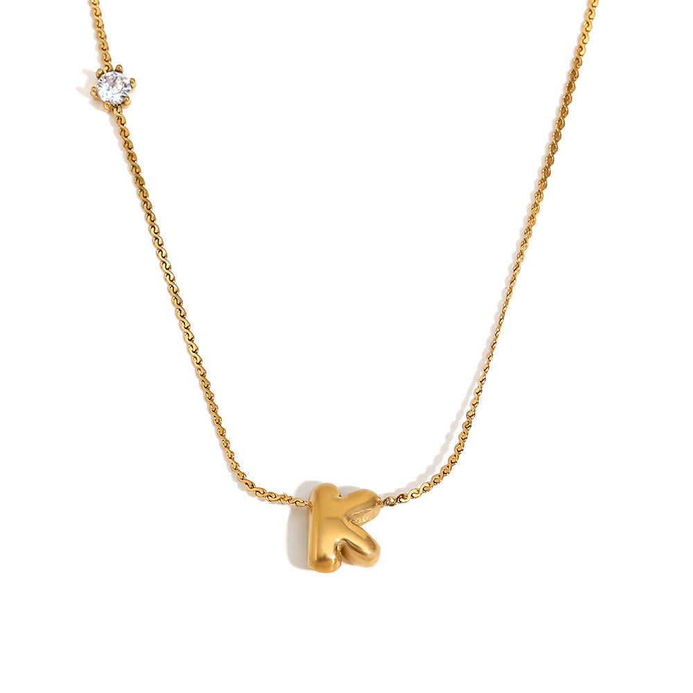 Minimalist Letter-Shaped Pendant Necklace for Women in Stainless Steel with 18K Gold Plating and Cubic Zirconia Accent on S-Link Chain