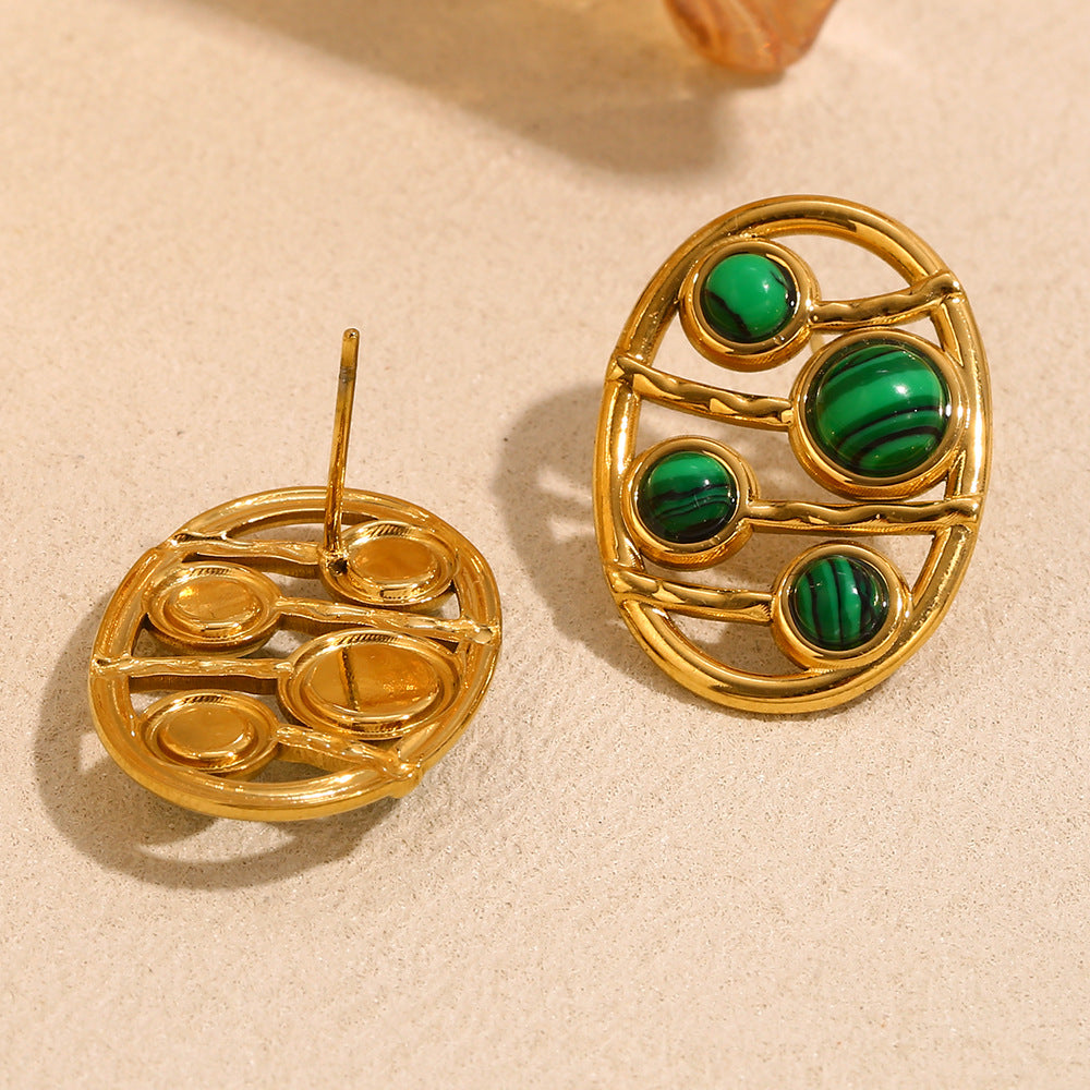 Vintage Geometric Stainless Steel Earrings with 18K Gold Plating, Hollow Oval Malachite Studs for Women