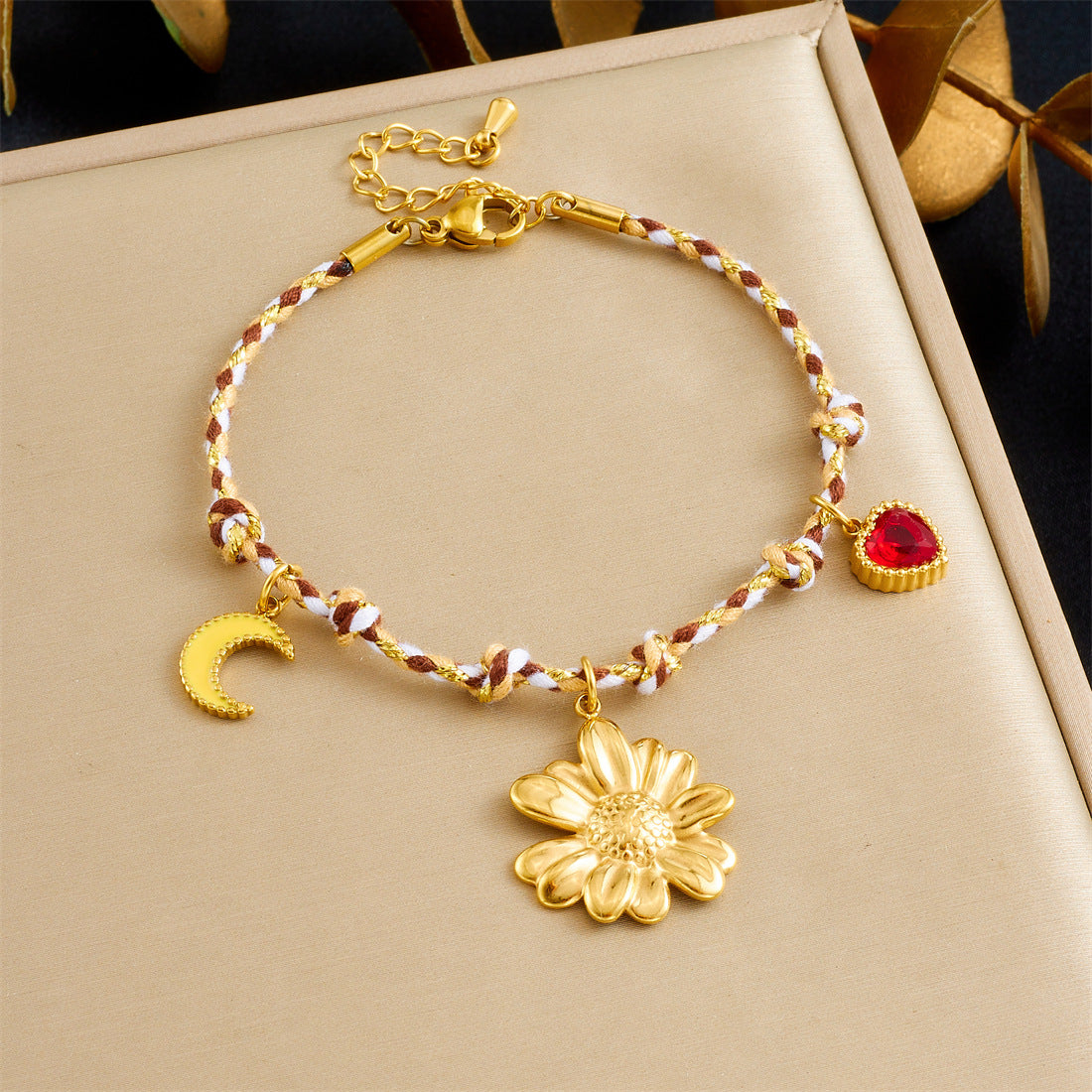 Bohemian Vintage Gold Plated Stainless Steel Charm Bar with Floral Star Moon Elements for Women