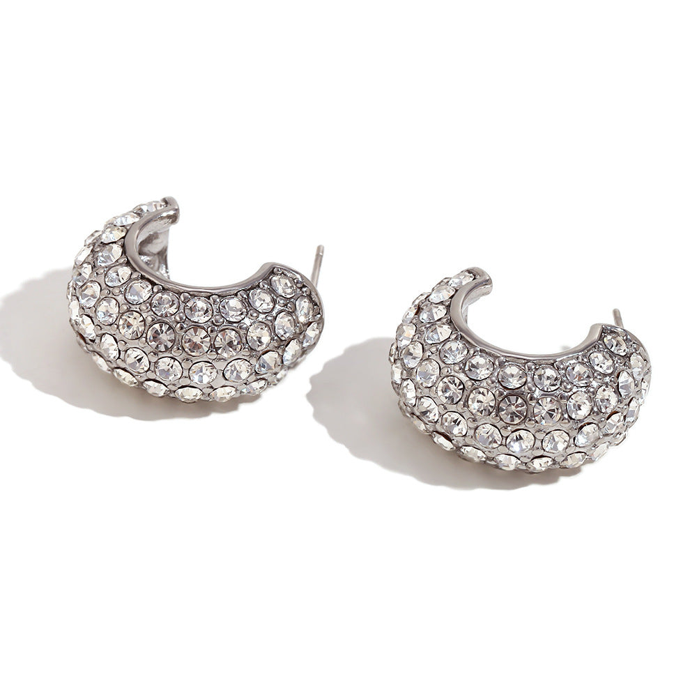 Orecchini a clip geometrici in acciaio inossidabile di tendenza per donna con placcatura in oro 18 carati, strass colorati micro-pavé e dettagli in perle