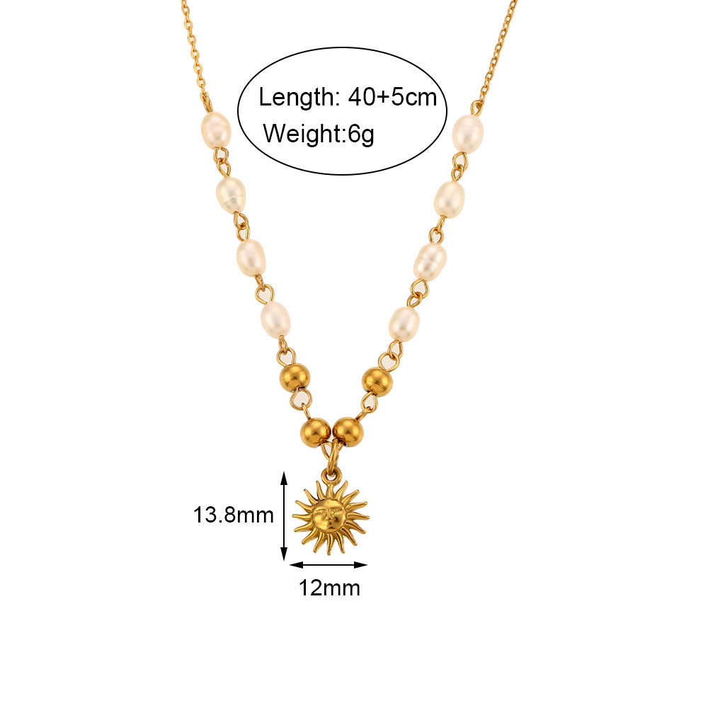 Minimalist Sun-Shaped Pendant Necklace in Stainless Steel with Gold-Plated Titanium Steel Charm and Freshwater Pearl Accents on Standard Chain
