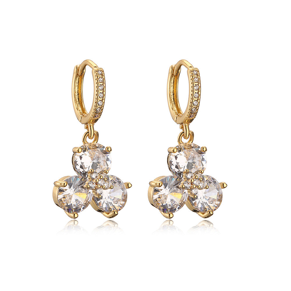Fashionable Minimalist Floral Geometric Copper Earrings with Real Gold Plating and Zircon for Women