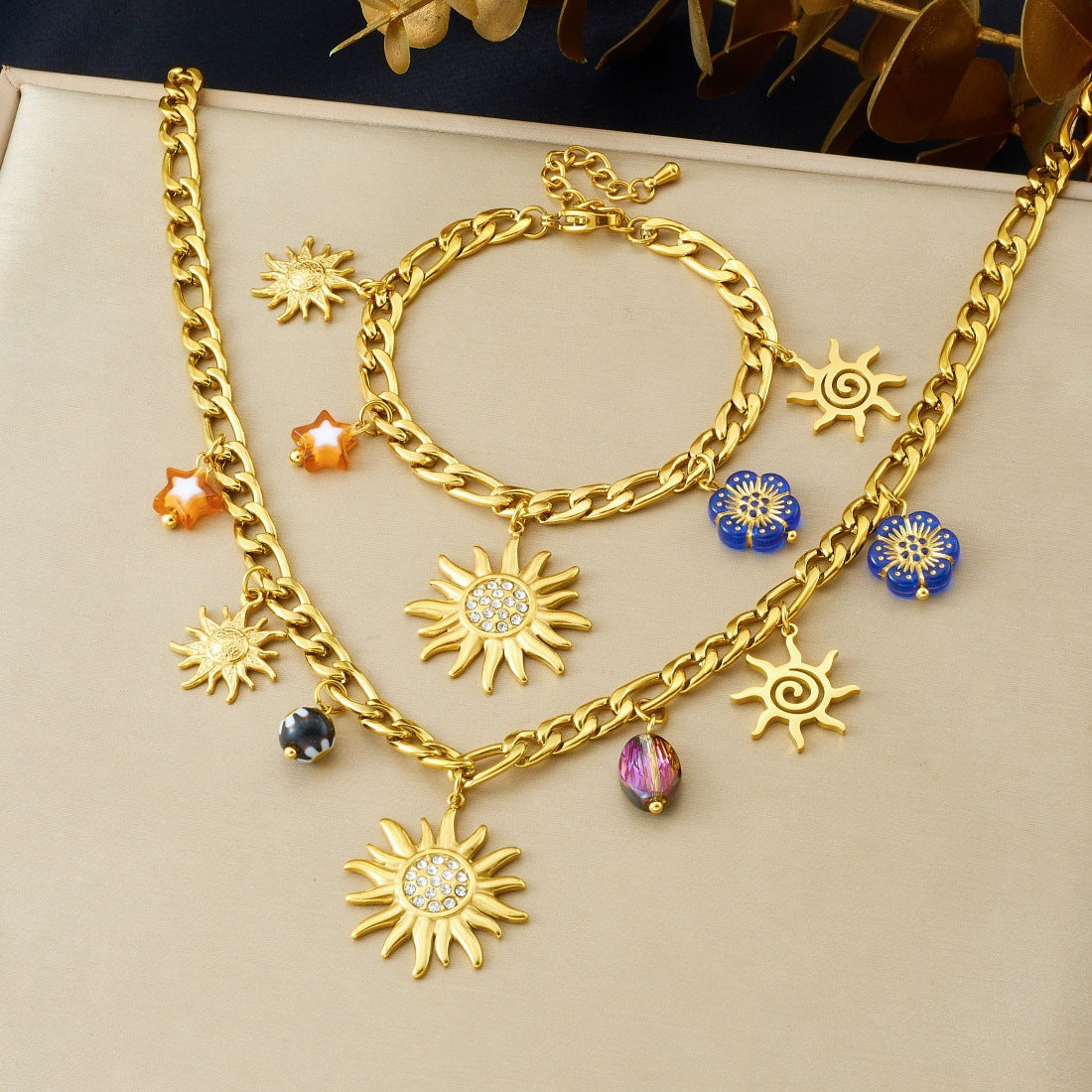 Vintage Elegant Gold Plated Rhinestone Inlaid Stainless Steel and Acrylic Sunflower Pendant Necklace and Bracelet Set for Women