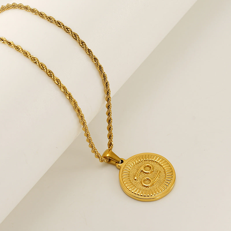 Vintage 18K Gold Plated Round Zodiac Pendant Titanium Steel Rope Chain Necklace Unisex