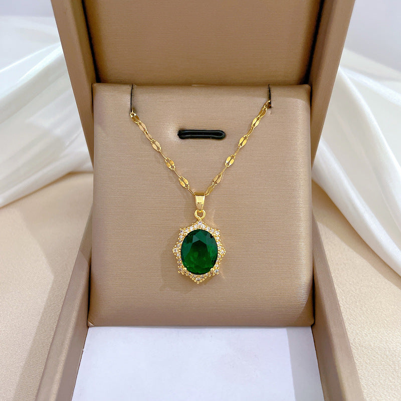Four-Leaf Clover Rhinestone Pendant Necklace for Women Titanium Steel Irregular Chain Shell Locket Floral Style