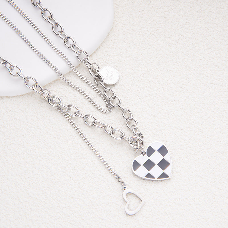 Sweet and Edgy Black and White Checkered Heart Pendant Necklace in Stainless Steel with Plated Finish