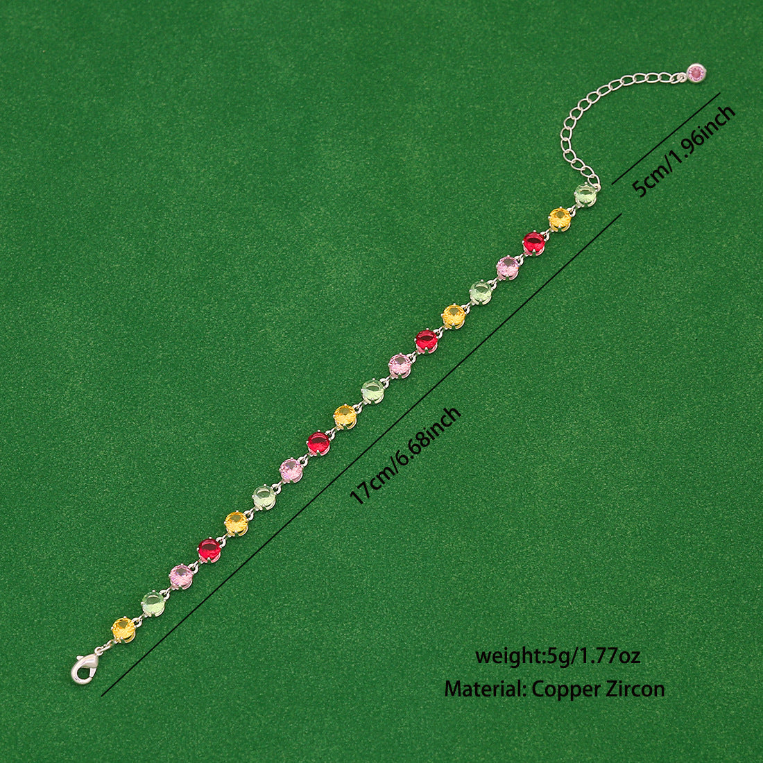 Minimalist Geometric Candy-Colored Zircon Crystal Bracelet for Women in Copper with Micro-Pavé Setting