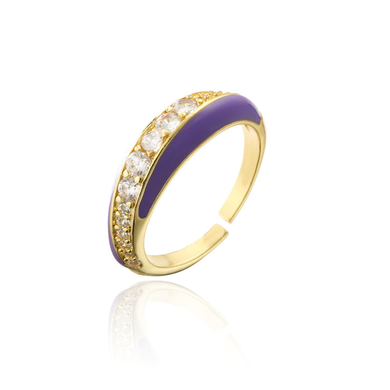 Fashion Geometric Drip Oil Brass Micro-Inlaid Cubic Zirconia Adjustable Open Ring for Women