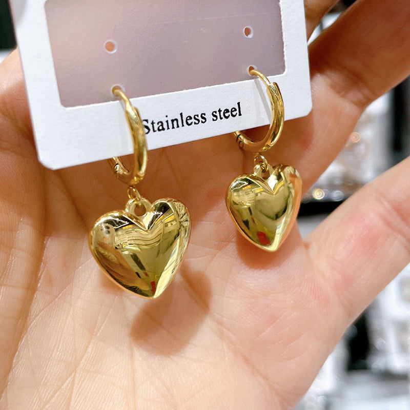 Minimalist Three-Dimensional Heart-Shaped Stainless Steel Earrings with Plated Finish for Women