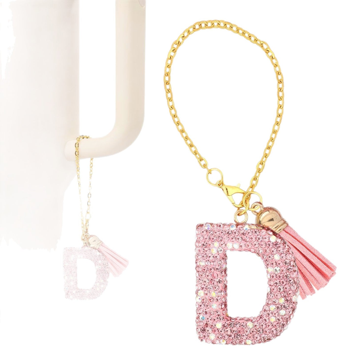 Minimalist Geometric Letter Ceramic Pendant with Gold Adjustable Chain Pink Tassel and Glitter Sequins