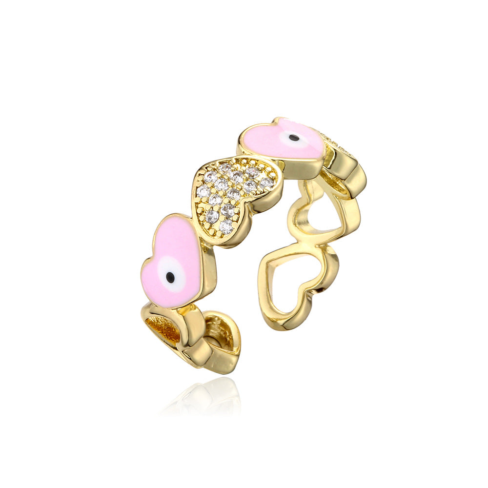 Casual Gold Drip Oil Heart Geometric Brass Ring with Cubic Zirconia for Women