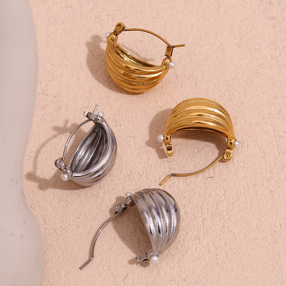 Fashionable Geometric Stainless Steel Earrings with 18K Gold Plating and Pearl Accents in Multi-Layer Boat Basket Design