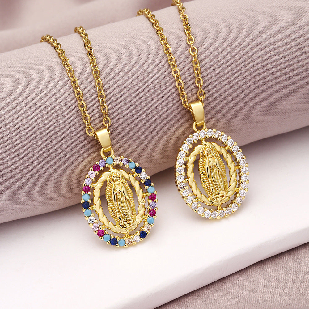 Collar con colgante de la Virgen María geométrico de moda para mujer con incrustaciones de circonita cúbica y cadena de cobre chapado en oro