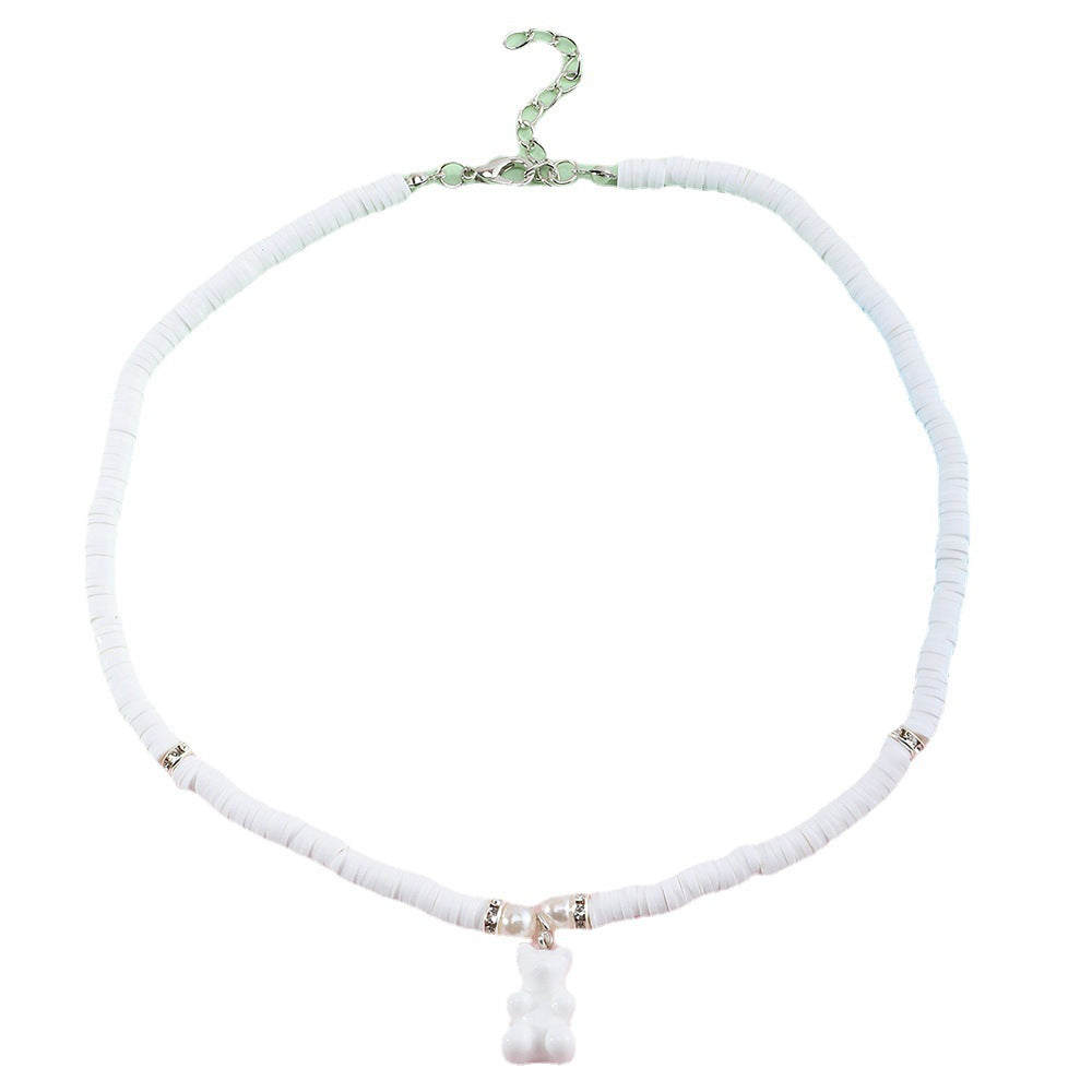 Collar con Colgante de Oso de Resina Hecho a Mano para Niñas con Cadena de Perlas, Joyería de Diseño Minimalista de Animales Tiernos