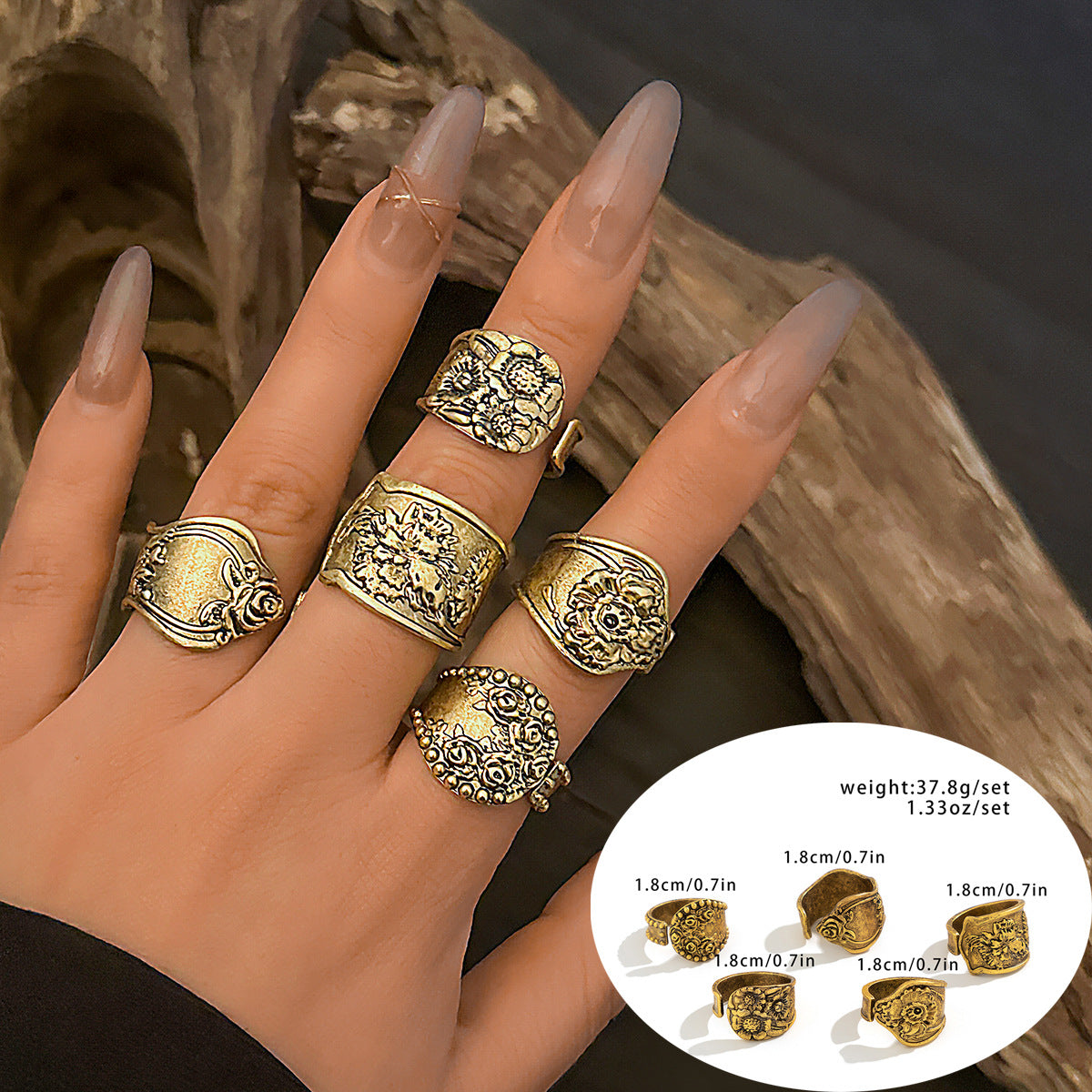 Anillo de aleación oxidada estilo punk étnico vintage con grabado floral y geométrico, diseño de banda abierta y unión asimétrica