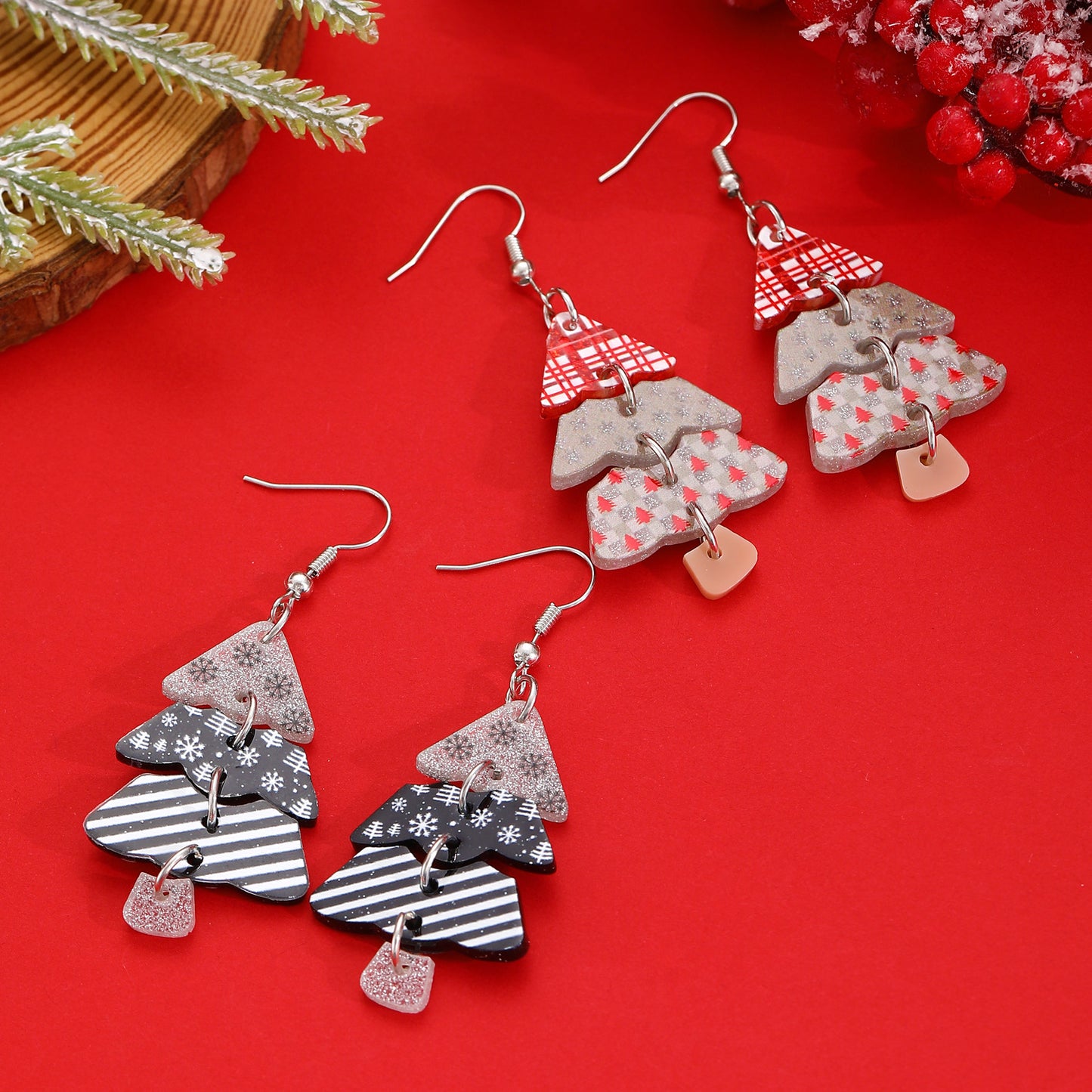 Orecchini a perno da donna creativi a forma di albero di Natale e stella, in acrilico, con perni in oro 14K e stampa fiocco di neve