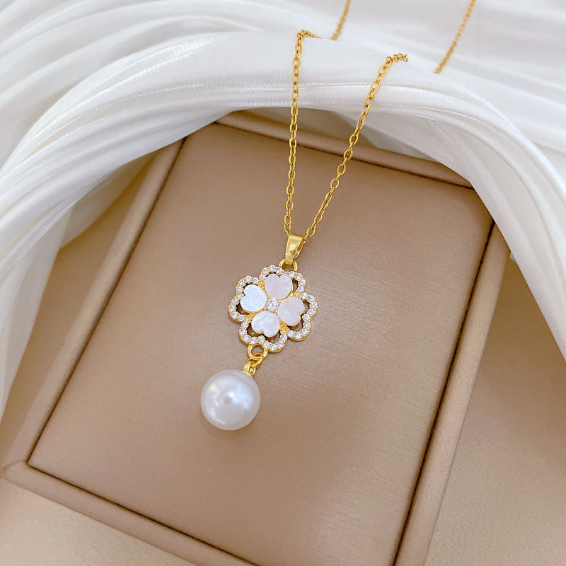 Sweet Four-leaf Clover Titanium Steel Collarbone Necklace with Pearl, Shell, Micro-set Cubic Zirconia and Amethyst Pendant