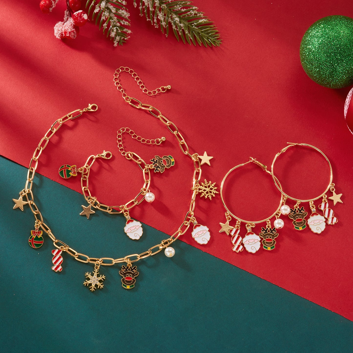 Juego de collar con colgante de Papá Noel, copo de nieve y hombre de jengibre con temática navideña, con cadena chapada en aleación, para uso festivo unisex