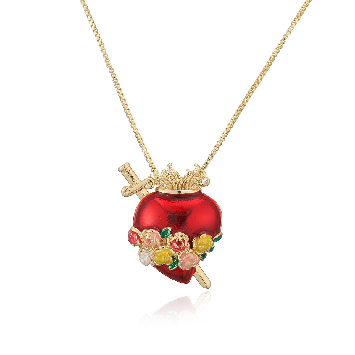Vintage 18K Gold Plated Drip Oil Heart Pendant Necklace for Women