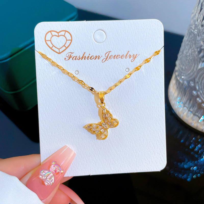 Collar minimalista con colgante de mariposa en acero de titanio con incrustaciones de diamantes de imitación, delicado diseño floral para mujer