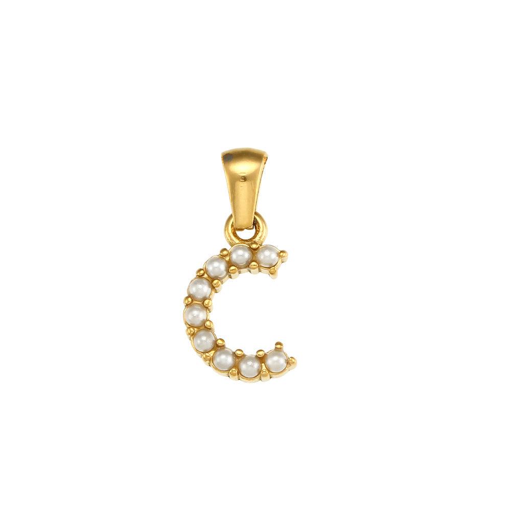 Minimalist Letter Pendant Necklace Stainless Steel with 18K Gold Plating Micro-Pave Zirconia and Pearl Accents