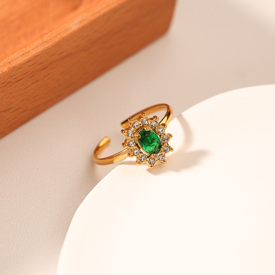 Anello da donna in acciaio inossidabile a forma di girasole minimalista con intarsio in zirconi cubici e placcatura sottovuoto in oro 18 carati