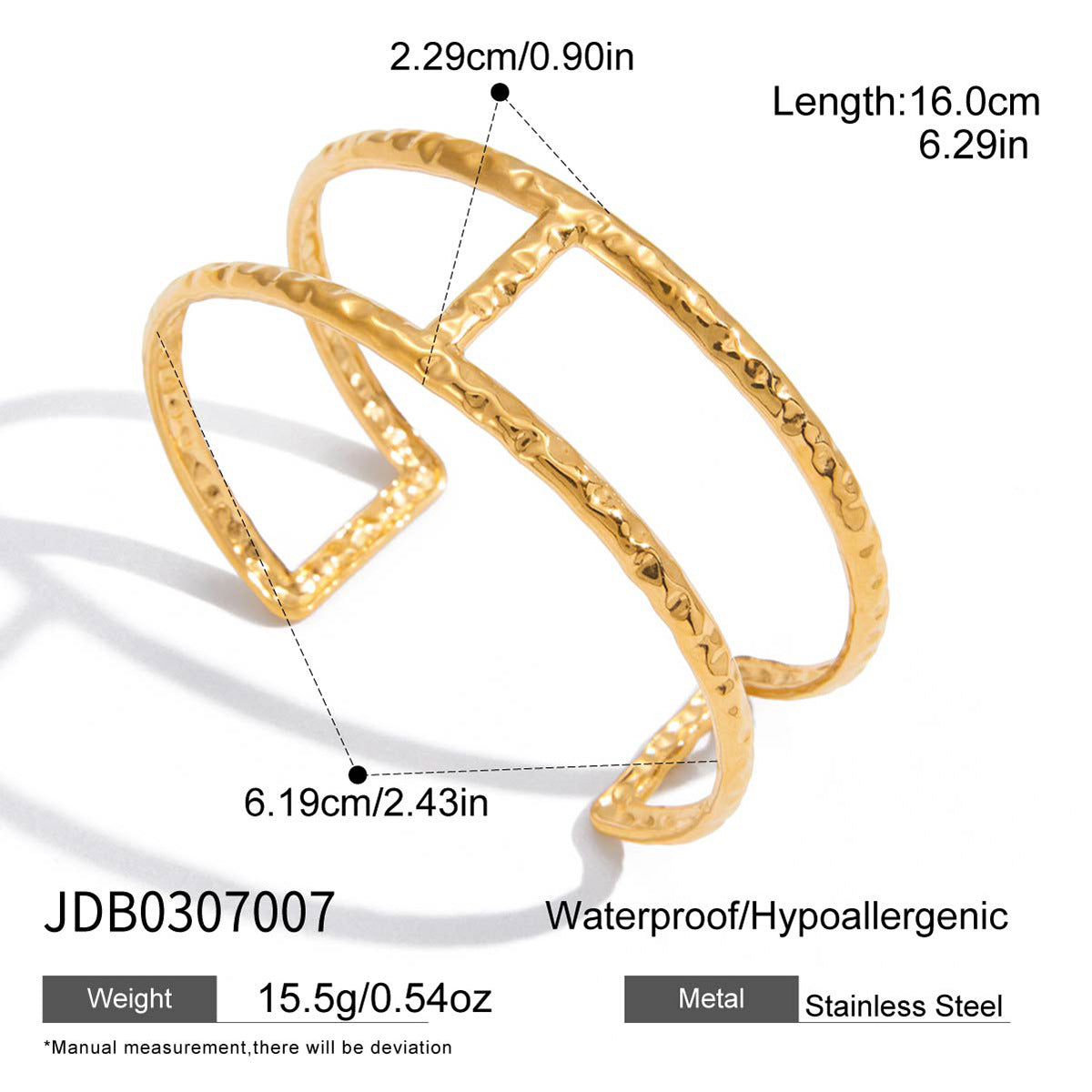 Bracciale a cerchio aperto in acciaio titanio a doppio strato da donna con finitura placcata, trama martellata geometrica minimalista