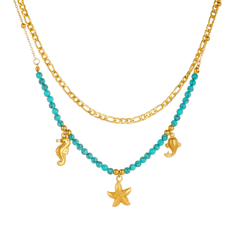 Collar Vintage de Acero Inoxidable con Baño de Oro, Temática Oceánica, con Colgantes de Caballito de Mar, Estrella de Mar, Carpa y Cuentas Turquesas