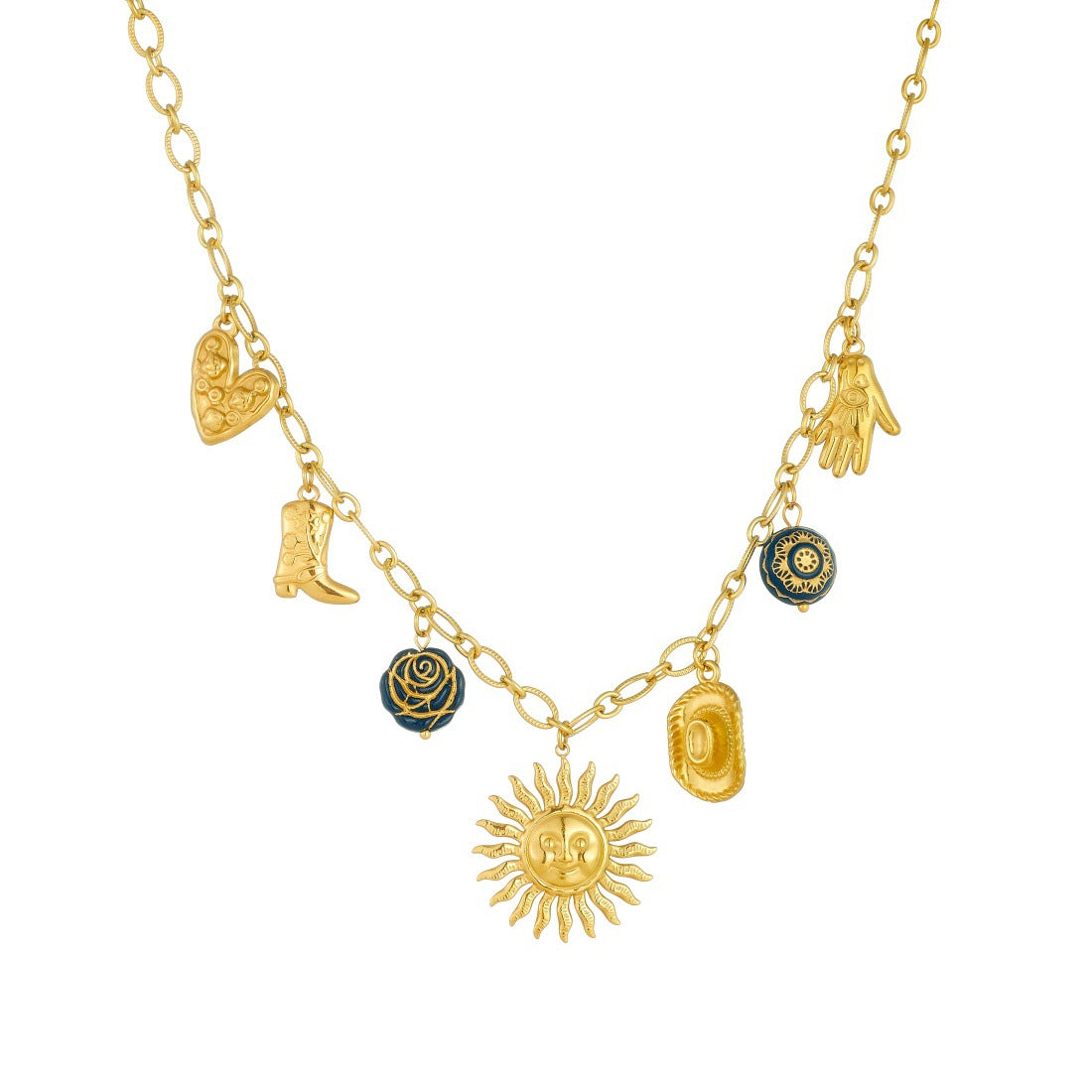 Vintage Gold Plated Stainless Steel and Acrylic Sun Face Pendant Necklace for Women