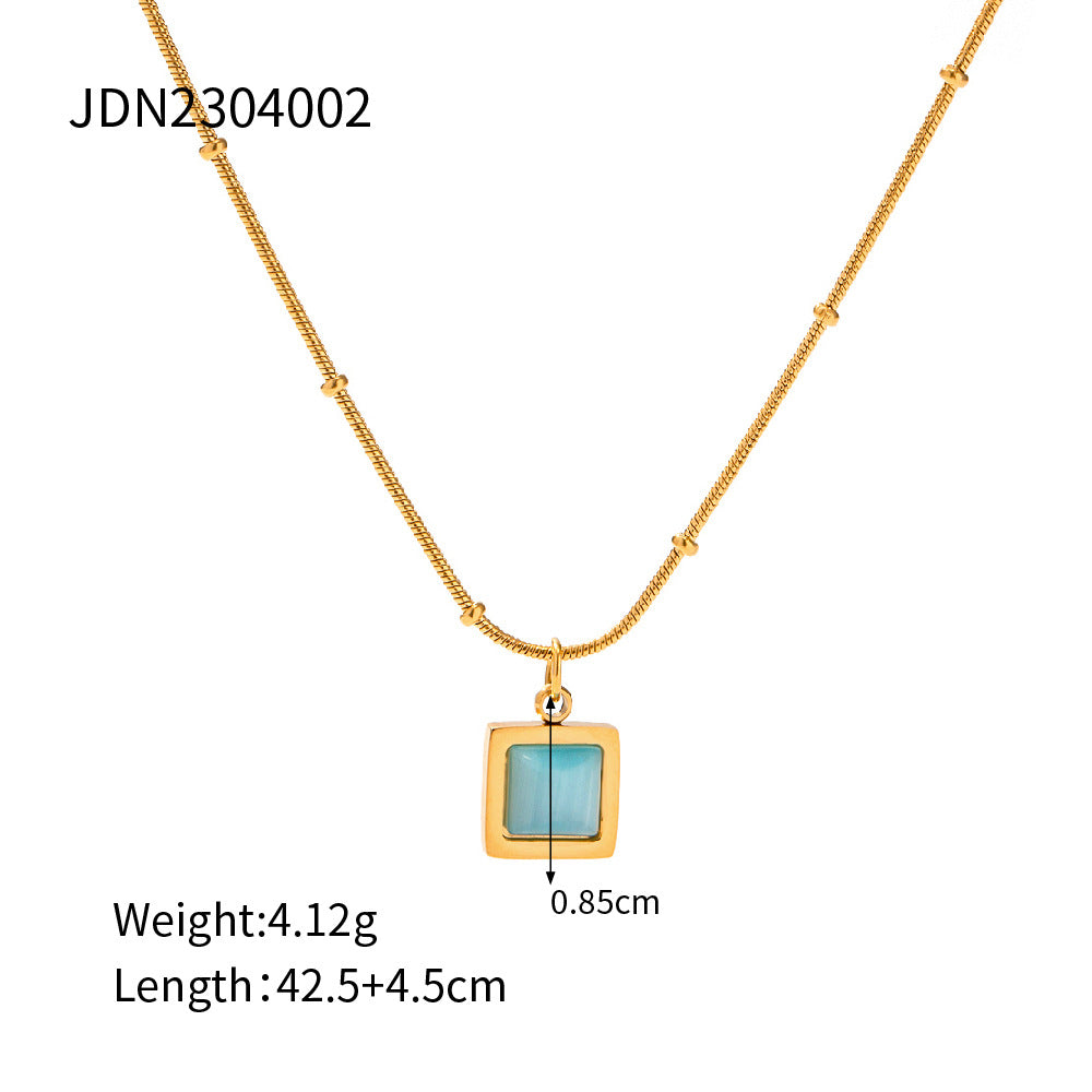 Collana pendente quadrata minimalista in acciaio inossidabile con pietra occhio di gatto blu, finitura galvanizzata per donna