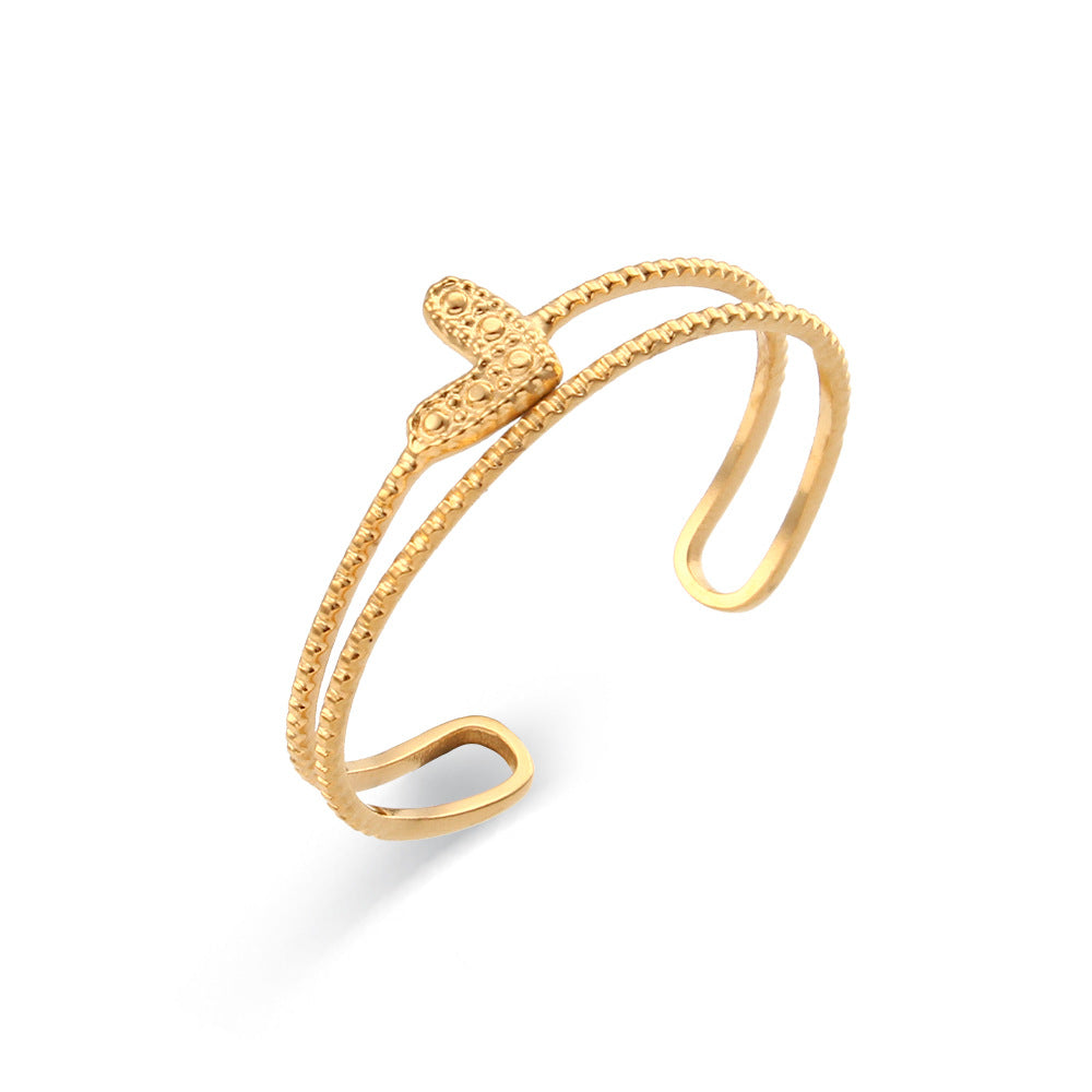 Anillo abierto trenzado de acero inoxidable calado geométrico a la moda para mujer con acabado chapado