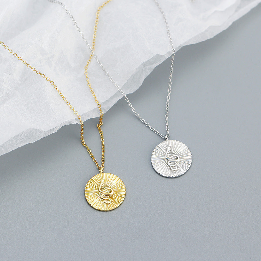 Minimalist 925 Sterling Silver Round Snake Pendant Necklace with Cable Chain for Women